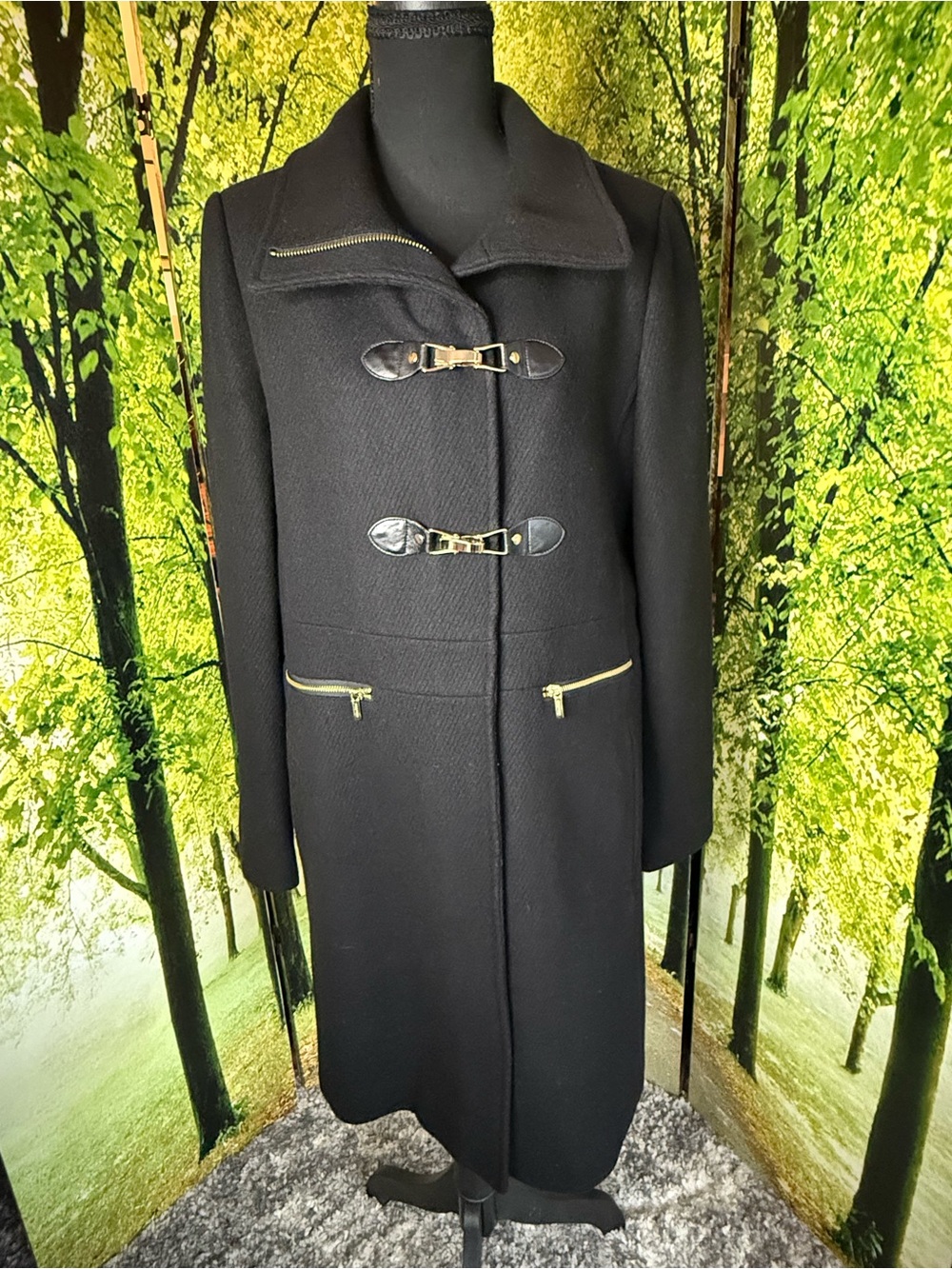 Cole Haan Black Long Trench Coat with Toggle Accents